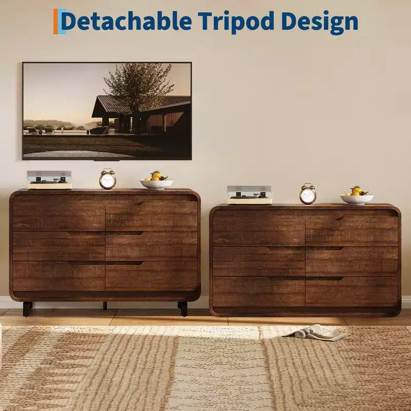 Modern 6-Drawer Wood Dresser for Bedroom & Nursery, Wide Storage Chest with Safe Rounded Corners, Hidden Handles and Anti-Tip Design for Living Room