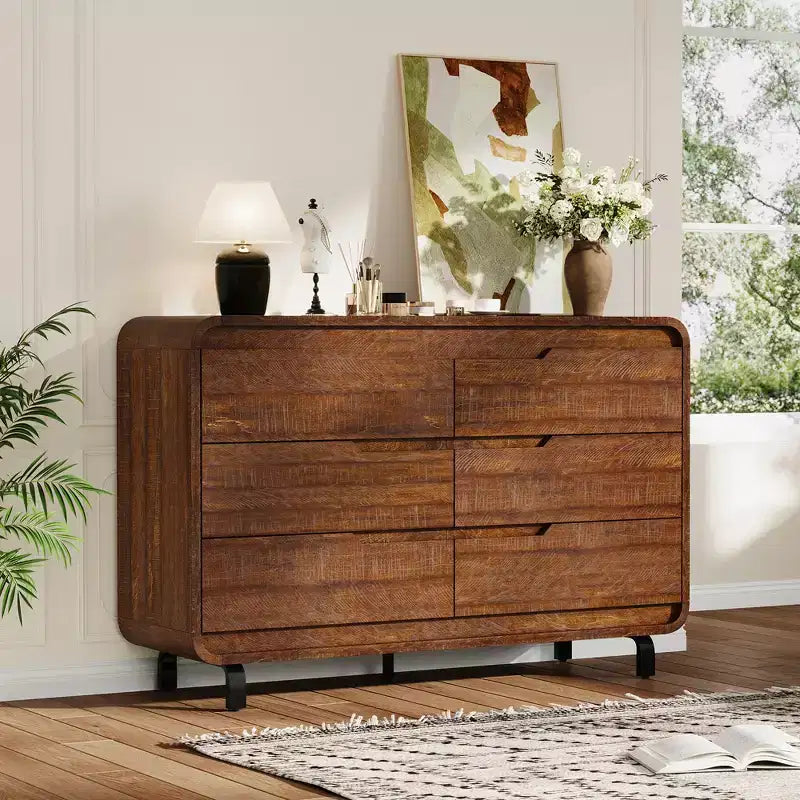 Modern 6-Drawer Wood Dresser for Bedroom & Nursery, Wide Storage Chest with Safe Rounded Corners, Hidden Handles and Anti-Tip Design for Living Room