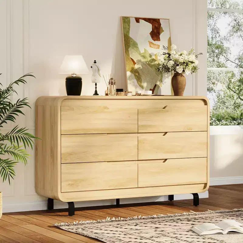 Modern 6-Drawer Wood Dresser for Bedroom & Nursery, Wide Storage Chest with Safe Rounded Corners, Hidden Handles and Anti-Tip Design for Living Room
