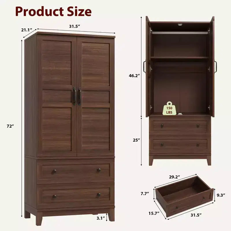 Armoire Wardrobe Closet with 2 Drawers, 72''Tall Wooden Organizer with Hanging Rod, Large Storage Cabinet with Doors and Adjustable Shelves for Home