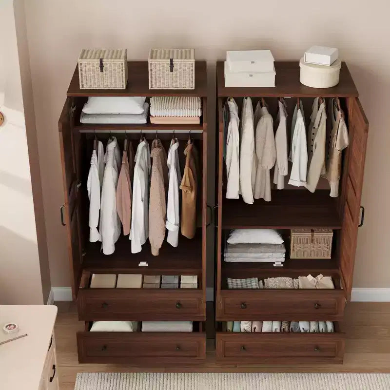 Armoire Wardrobe Closet with 2 Drawers, 72''Tall Wooden Organizer with Hanging Rod, Large Storage Cabinet with Doors and Adjustable Shelves for Home