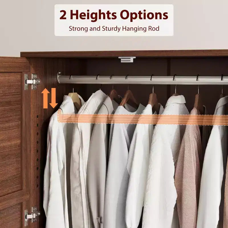 Armoire Wardrobe Closet with 2 Drawers, 72''Tall Wooden Organizer with Hanging Rod, Large Storage Cabinet with Doors and Adjustable Shelves for Home