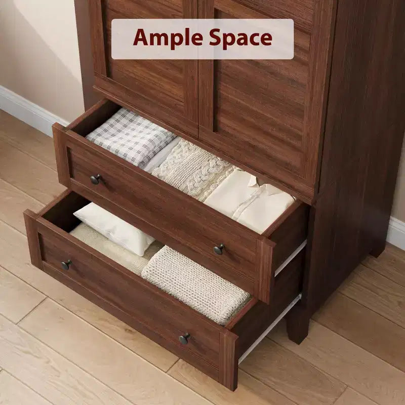 Armoire Wardrobe Closet with 2 Drawers, 72''Tall Wooden Organizer with Hanging Rod, Large Storage Cabinet with Doors and Adjustable Shelves for Home