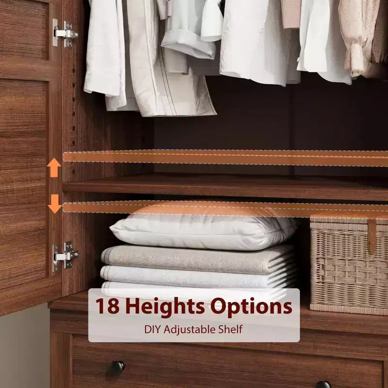 Armoire Wardrobe Closet with 2 Drawers, 72''Tall Wooden Organizer with Hanging Rod, Large Storage Cabinet with Doors and Adjustable Shelves for Home