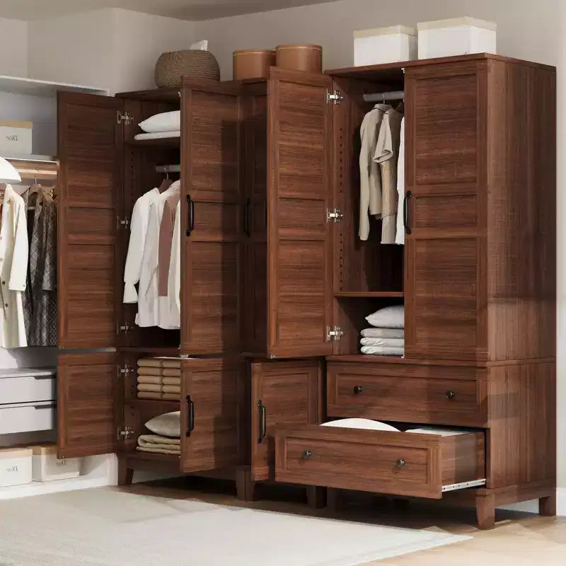 Armoire Wardrobe Closet with 2 Drawers, 72''Tall Wooden Organizer with Hanging Rod, Large Storage Cabinet with Doors and Adjustable Shelves for Home