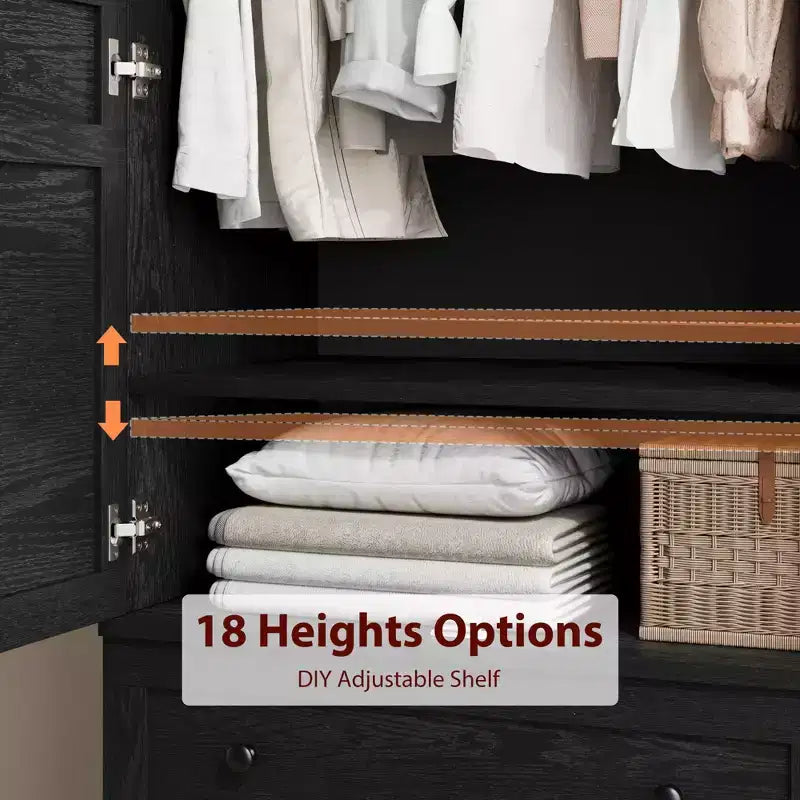 Armoire Wardrobe Closet with 2 Drawers, 72''Tall Wooden Organizer with Hanging Rod, Large Storage Cabinet with Doors and Adjustable Shelves for Home