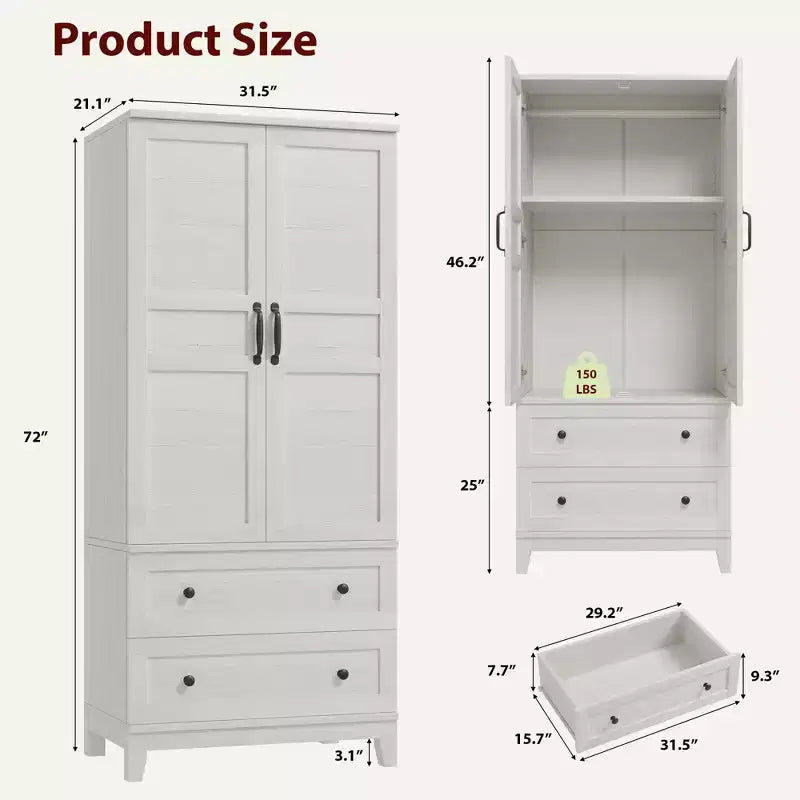Armoire Wardrobe Closet with 2 Drawers, 72''Tall Wooden Organizer with Hanging Rod, Large Storage Cabinet with Doors and Adjustable Shelves for Home
