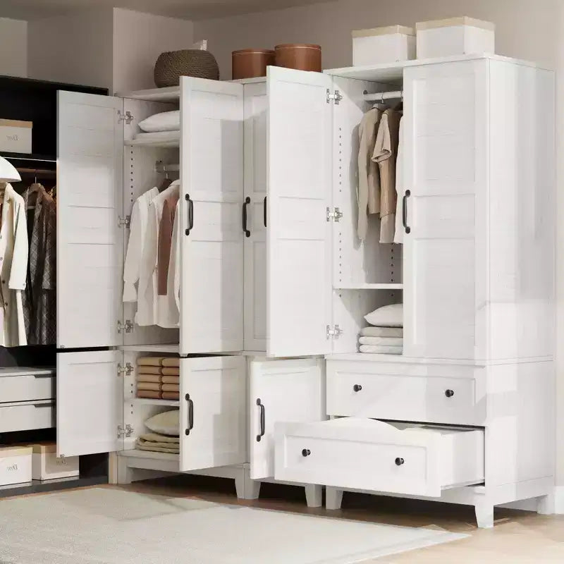 Armoire Wardrobe Closet with 2 Drawers, 72''Tall Wooden Organizer with Hanging Rod, Large Storage Cabinet with Doors and Adjustable Shelves for Home