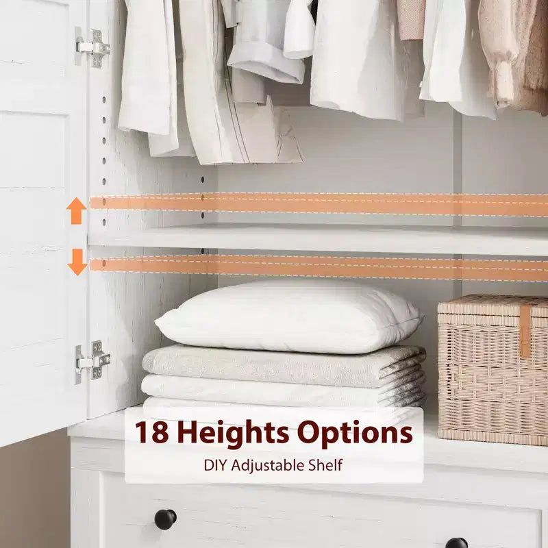 Armoire Wardrobe Closet with 2 Drawers, 72''Tall Wooden Organizer with Hanging Rod, Large Storage Cabinet with Doors and Adjustable Shelves for Home