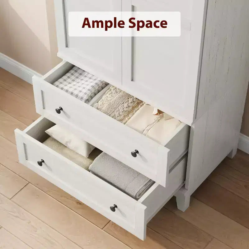 Armoire Wardrobe Closet with 2 Drawers, 72''Tall Wooden Organizer with Hanging Rod, Large Storage Cabinet with Doors and Adjustable Shelves for Home