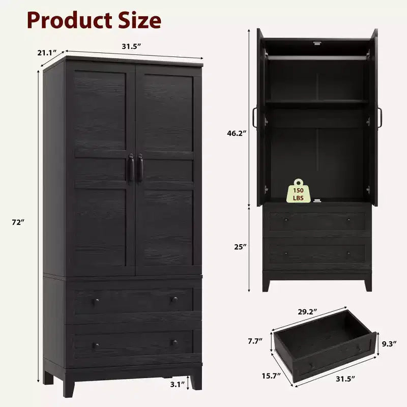 Armoire Wardrobe Closet with 2 Drawers, 72''Tall Wooden Organizer with Hanging Rod, Large Storage Cabinet with Doors and Adjustable Shelves for Home