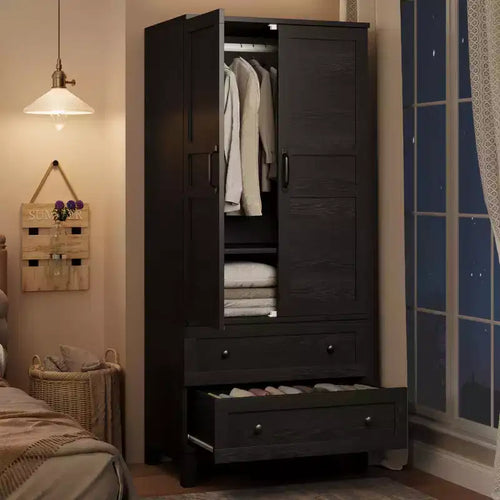 Armoire Wardrobe Closet with 2 Drawers, 72''Tall Wooden Organizer with Hanging Rod, Large Storage Cabinet with Doors and Adjustable Shelves for Home