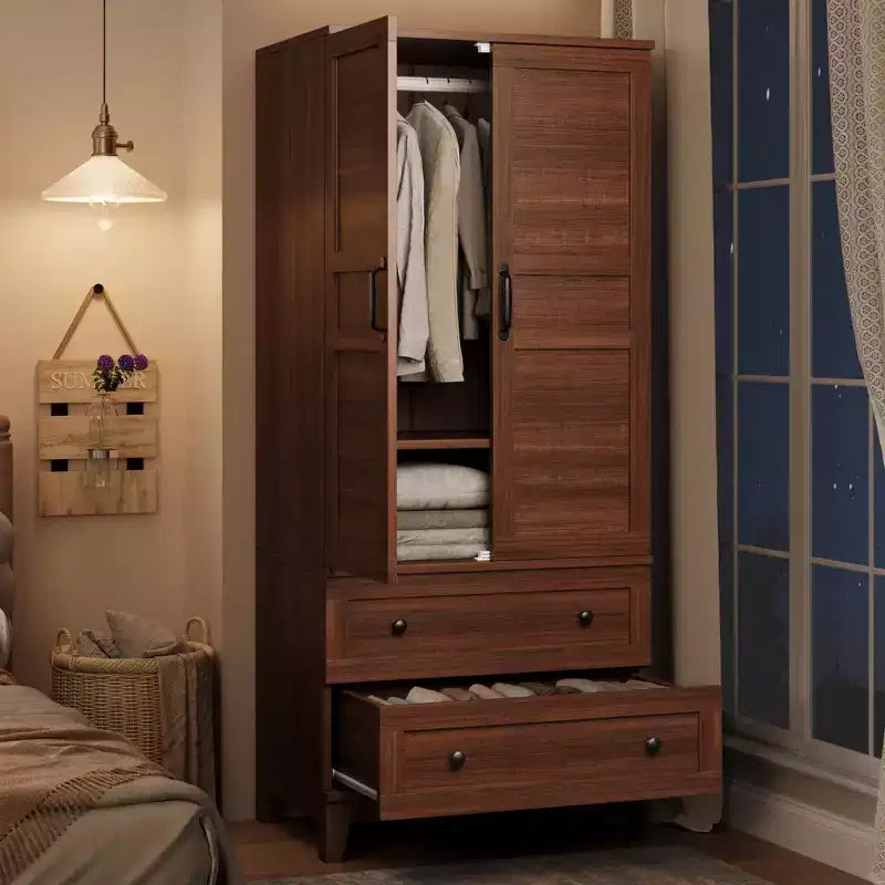 Armoire Wardrobe Closet with 2 Drawers, 72''Tall Wooden Organizer with Hanging Rod, Large Storage Cabinet with Doors and Adjustable Shelves for Home