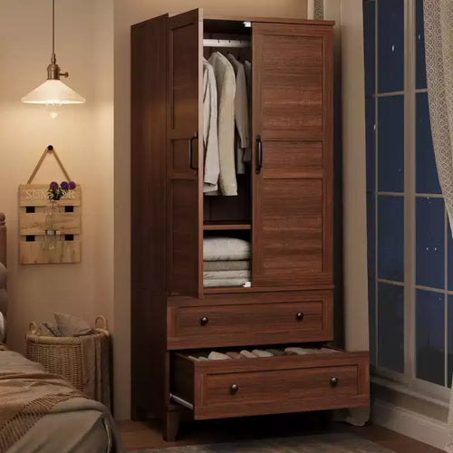 Armoire Wardrobe Closet with 2 Drawers, 72''Tall Wooden Organizer with Hanging Rod, Large Storage Cabinet with Doors and Adjustable Shelves for Home