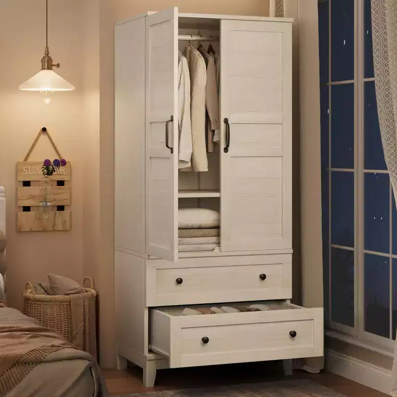 Armoire Wardrobe Closet with 2 Drawers, 72''Tall Wooden Organizer with Hanging Rod, Large Storage Cabinet with Doors and Adjustable Shelves for Home