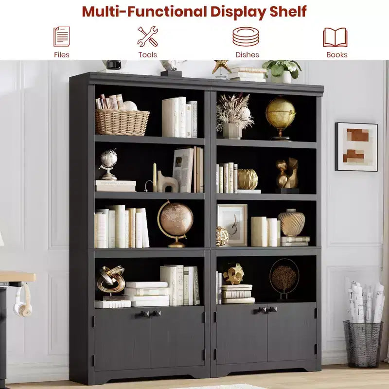 5 Tier Bookshelf, Farmhouse Bookcase,23.6''/31.5 W with 2 Doors & Adjustable Shelves, Open Display Storage Rack with Anti-Slip Design for Home