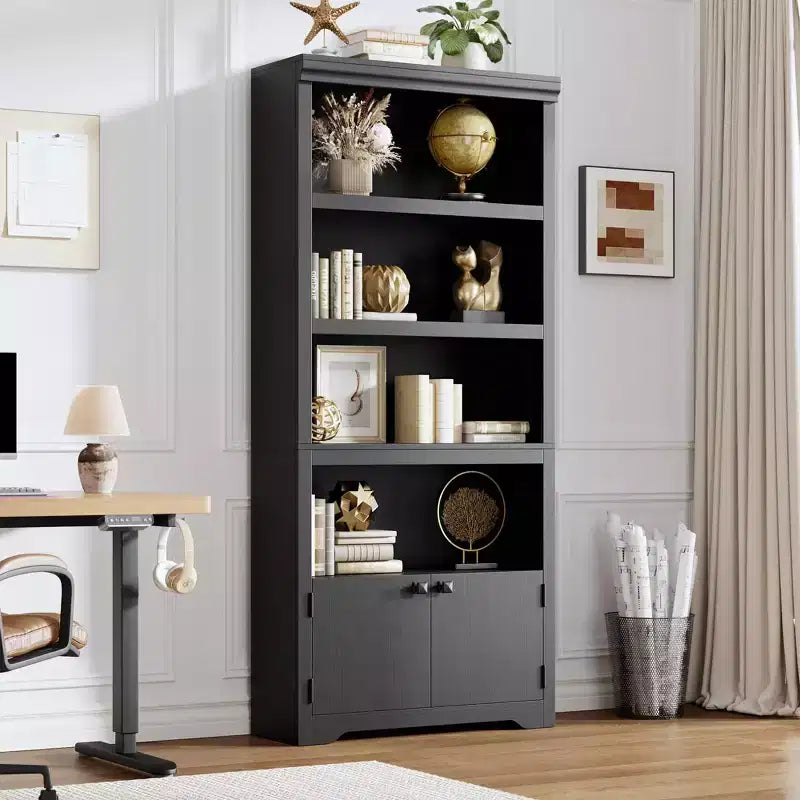 5 Tier Bookshelf, Farmhouse Bookcase,23.6''/31.5 W with 2 Doors & Adjustable Shelves, Open Display Storage Rack with Anti-Slip Design for Home
