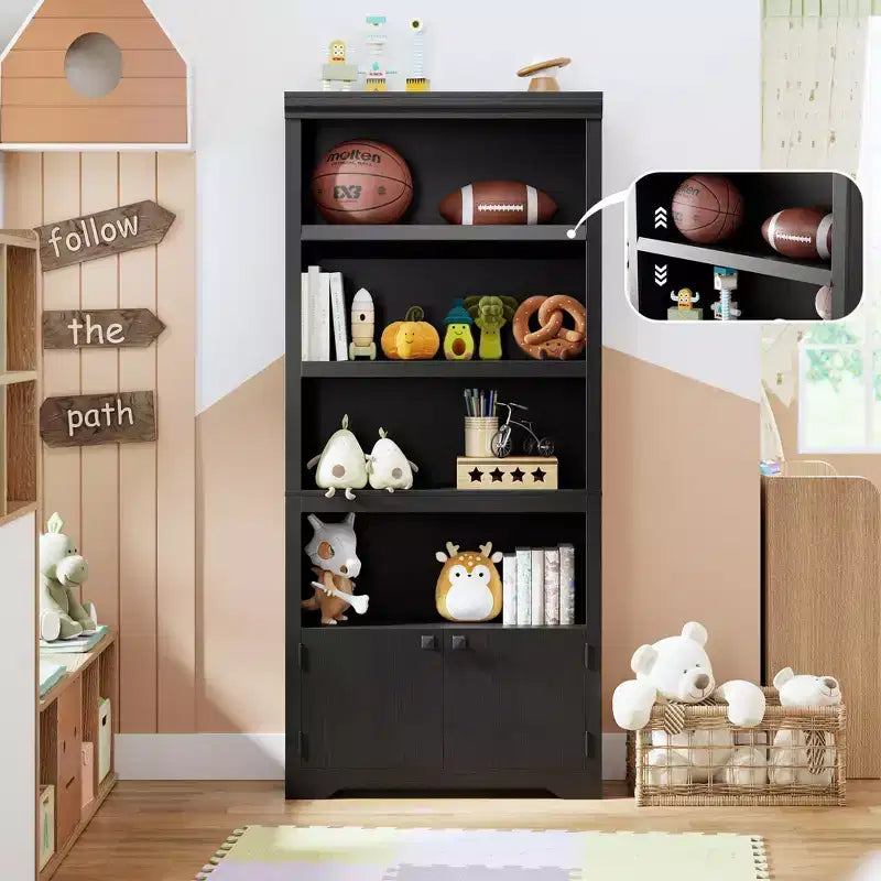 5 Tier Bookshelf, Farmhouse Bookcase,23.6''/31.5 W with 2 Doors & Adjustable Shelves, Open Display Storage Rack with Anti-Slip Design for Home