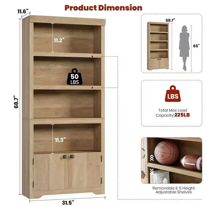 5 Tier Bookshelf, Farmhouse Bookcase,23.6''/31.5 W with 2 Doors & Adjustable Shelves, Open Display Storage Rack with Anti-Slip Design for Home