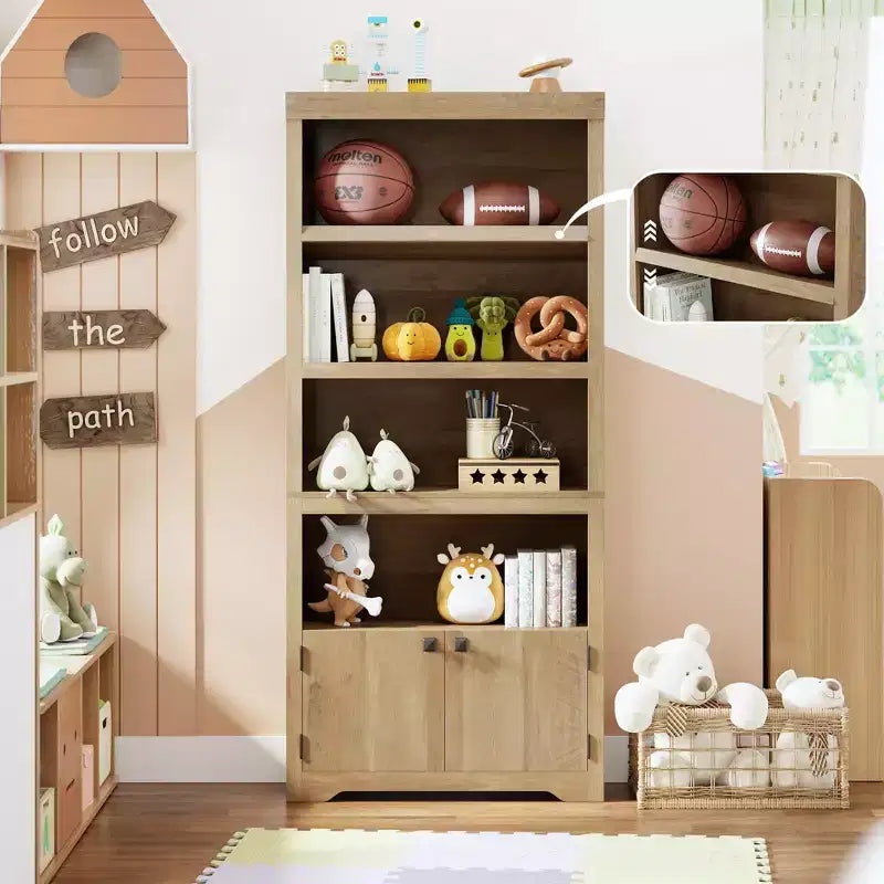 5 Tier Bookshelf, Farmhouse Bookcase,23.6''/31.5 W with 2 Doors & Adjustable Shelves, Open Display Storage Rack with Anti-Slip Design for Home