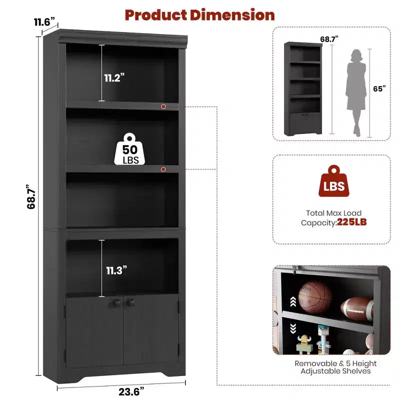 5 Tier Bookshelf, Farmhouse Bookcase,23.6''/31.5 W with 2 Doors & Adjustable Shelves, Open Display Storage Rack with Anti-Slip Design for Home