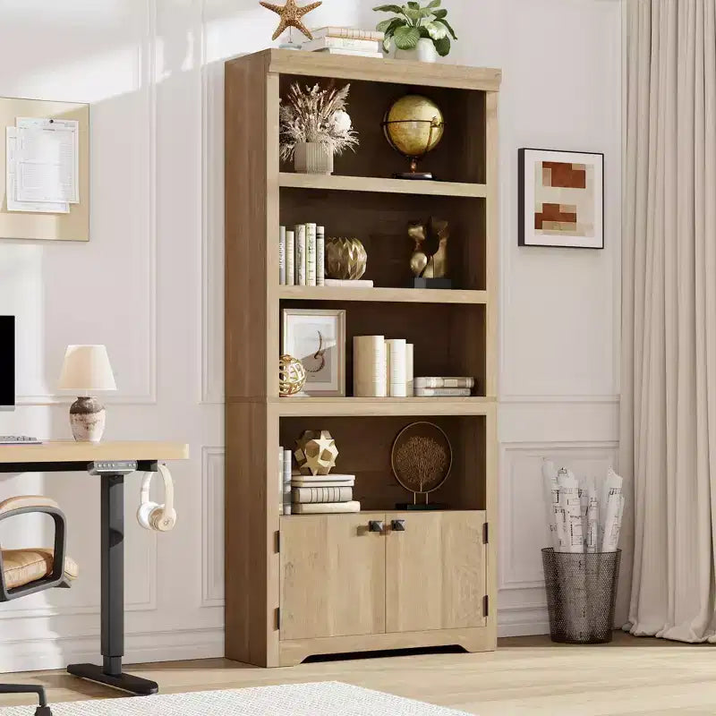 5 Tier Bookshelf, Farmhouse Bookcase,23.6''/31.5 W with 2 Doors & Adjustable Shelves, Open Display Storage Rack with Anti-Slip Design for Home