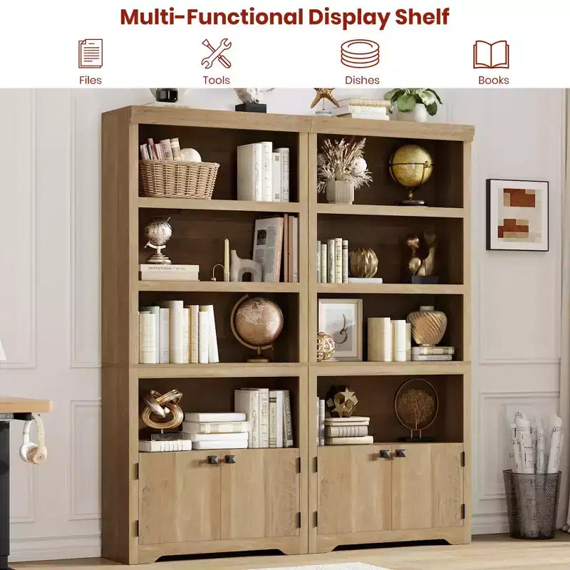 5 Tier Bookshelf, Farmhouse Bookcase,23.6''/31.5 W with 2 Doors & Adjustable Shelves, Open Display Storage Rack with Anti-Slip Design for Home