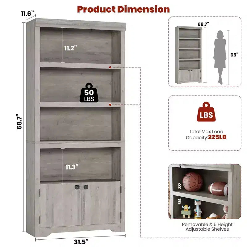 5 Tier Bookshelf, Farmhouse Bookcase,23.6''/31.5 W with 2 Doors & Adjustable Shelves, Open Display Storage Rack with Anti-Slip Design for Home