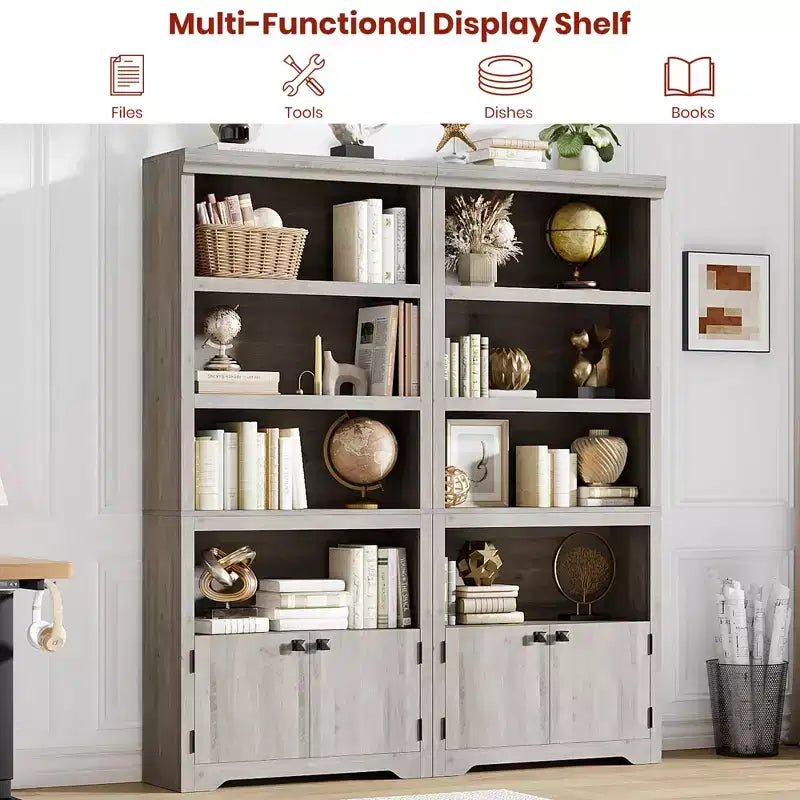 5 Tier Bookshelf, Farmhouse Bookcase,23.6''/31.5 W with 2 Doors & Adjustable Shelves, Open Display Storage Rack with Anti-Slip Design for Home