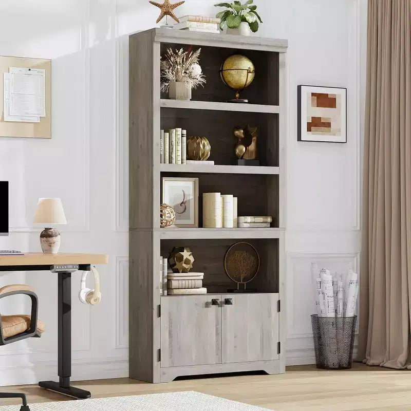 5 Tier Bookshelf, Farmhouse Bookcase,23.6''/31.5 W with 2 Doors & Adjustable Shelves, Open Display Storage Rack with Anti-Slip Design for Home