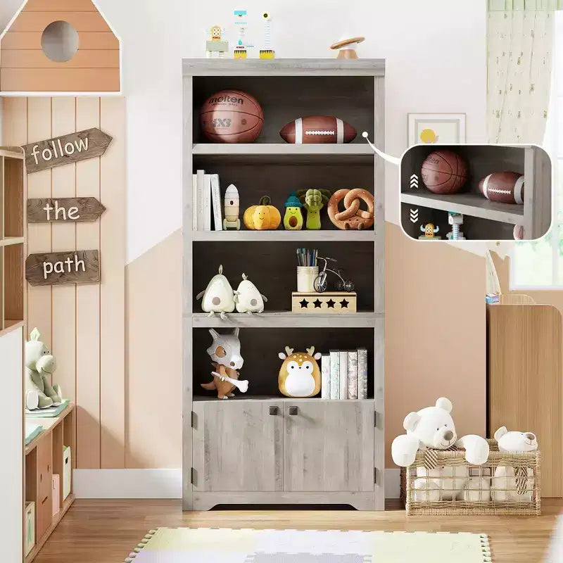 5 Tier Bookshelf, Farmhouse Bookcase,23.6''/31.5 W with 2 Doors & Adjustable Shelves, Open Display Storage Rack with Anti-Slip Design for Home
