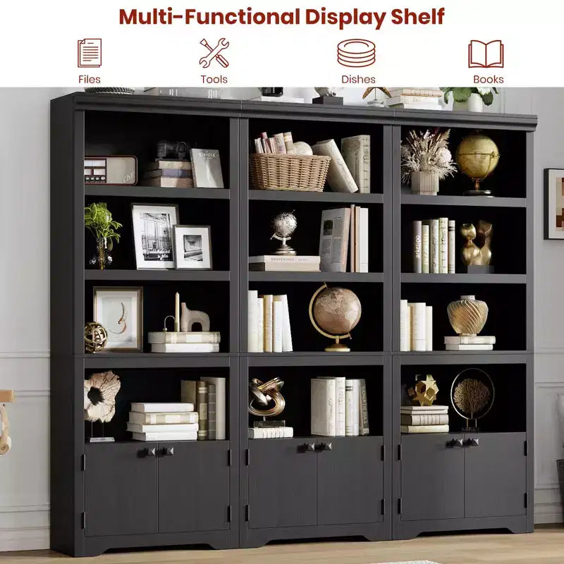 5 Tier Bookshelf, Farmhouse Bookcase,23.6''/31.5 W with 2 Doors & Adjustable Shelves, Open Display Storage Rack with Anti-Slip Design for Home