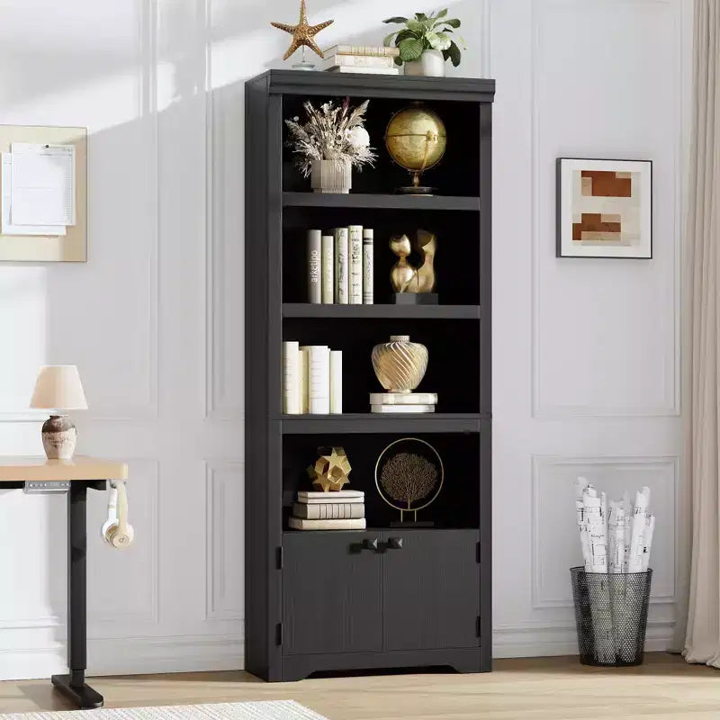 5 Tier Bookshelf, Farmhouse Bookcase,23.6''/31.5 W with 2 Doors & Adjustable Shelves, Open Display Storage Rack with Anti-Slip Design for Home