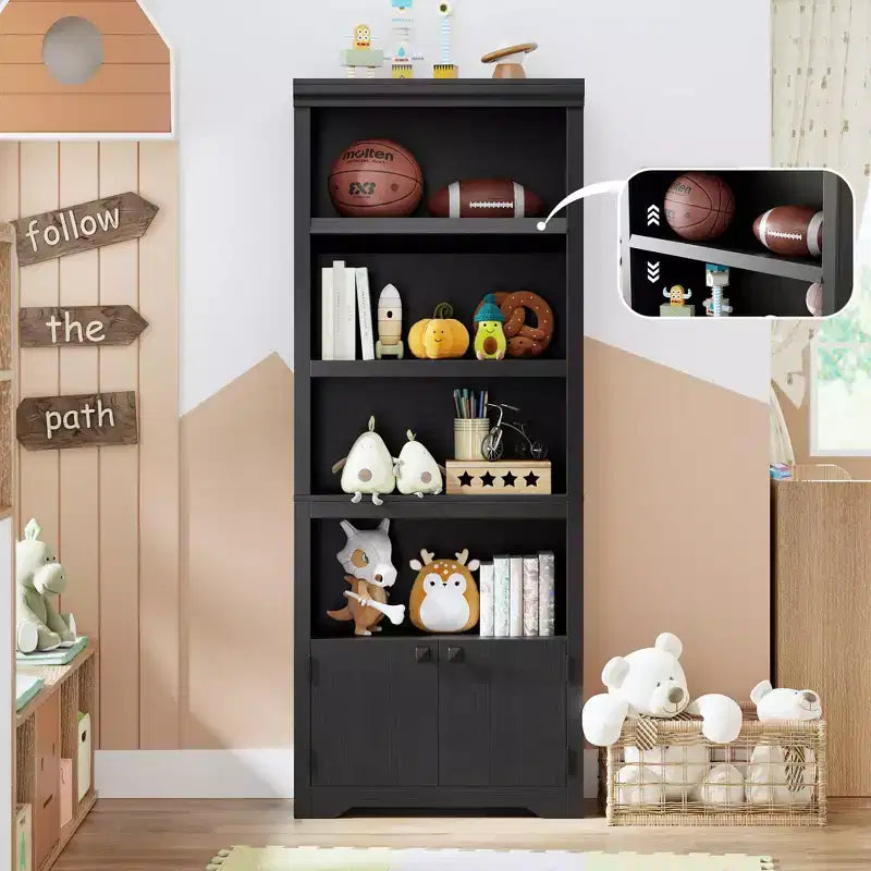 5 Tier Bookshelf, Farmhouse Bookcase,23.6''/31.5 W with 2 Doors & Adjustable Shelves, Open Display Storage Rack with Anti-Slip Design for Home