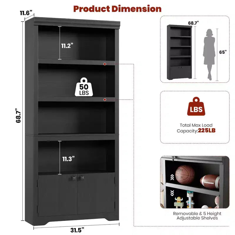 5 Tier Bookshelf, Farmhouse Bookcase,23.6''/31.5 W with 2 Doors & Adjustable Shelves, Open Display Storage Rack with Anti-Slip Design for Home