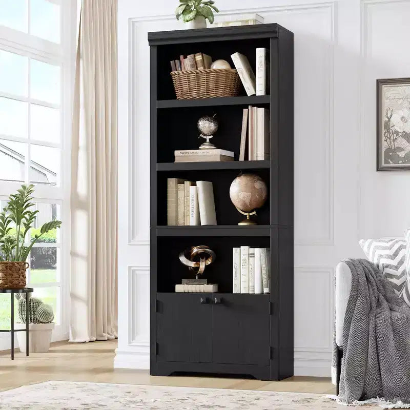 5 Tier Bookshelf, Farmhouse Bookcase,23.6''/31.5 W with 2 Doors & Adjustable Shelves, Open Display Storage Rack with Anti-Slip Design for Home