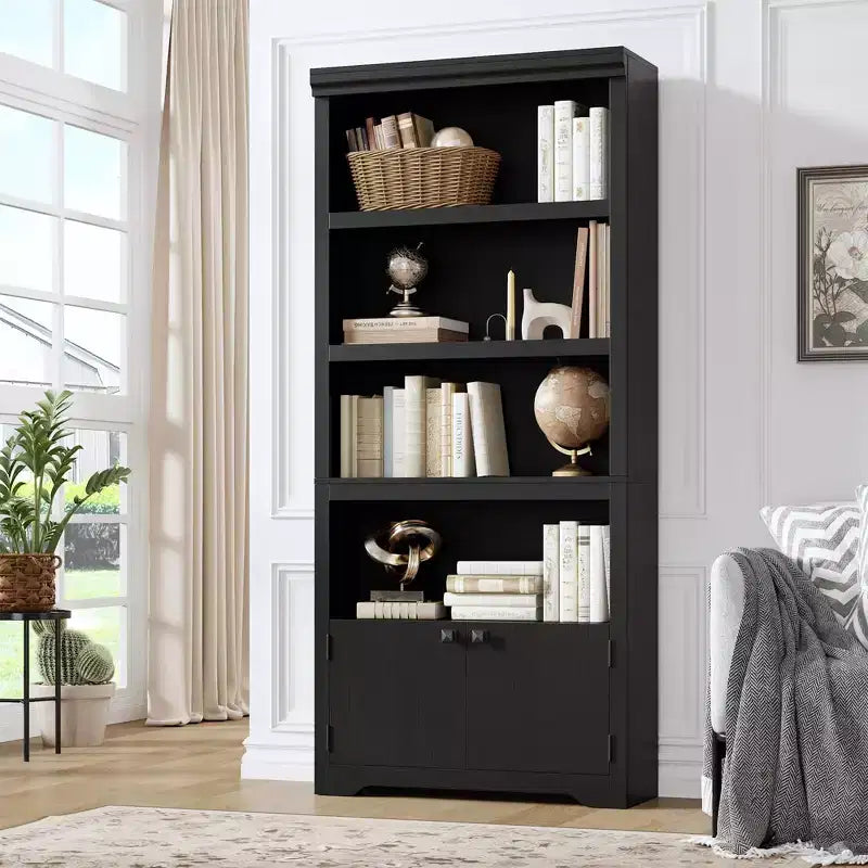 5 Tier Bookshelf, Farmhouse Bookcase,23.6''/31.5 W with 2 Doors & Adjustable Shelves, Open Display Storage Rack with Anti-Slip Design for Home