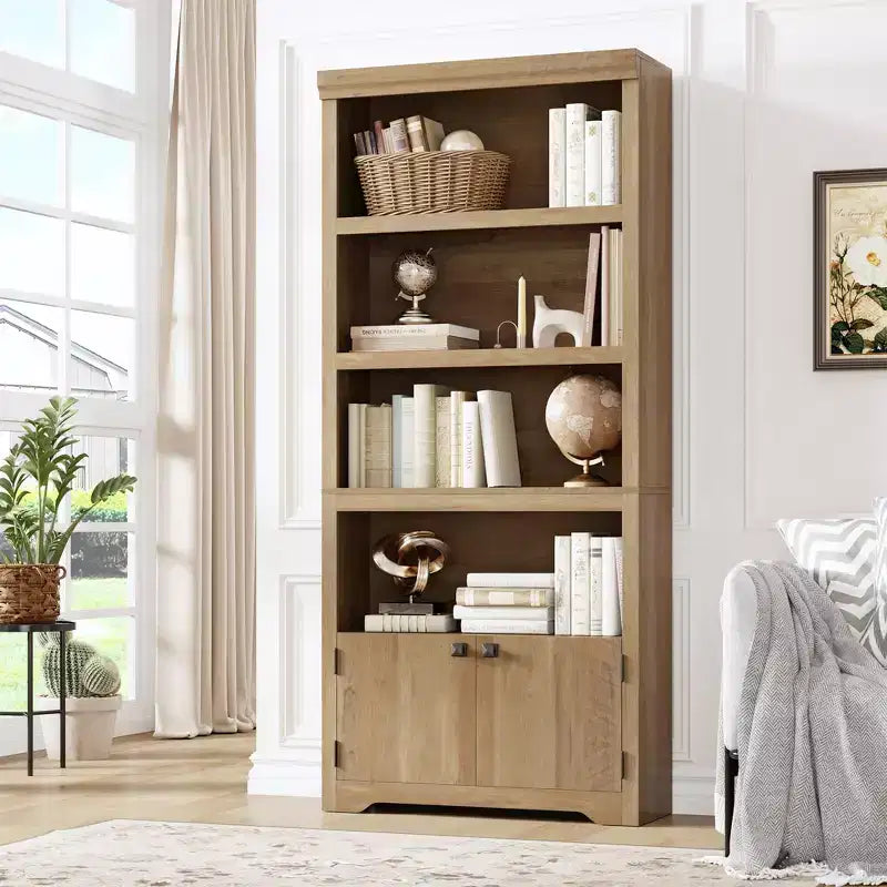 5 Tier Bookshelf, Farmhouse Bookcase,23.6''/31.5 W with 2 Doors & Adjustable Shelves, Open Display Storage Rack with Anti-Slip Design for Home