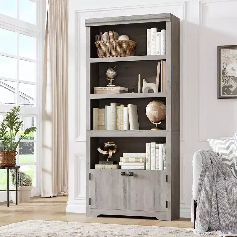 5 Tier Bookshelf, Farmhouse Bookcase,23.6''/31.5 W with 2 Doors & Adjustable Shelves, Open Display Storage Rack with Anti-Slip Design for Home