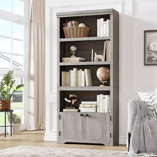 5 Tier Bookshelf, Farmhouse Bookcase,23.6''/31.5 W with 2 Doors & Adjustable Shelves, Open Display Storage Rack with Anti-Slip Design for Home