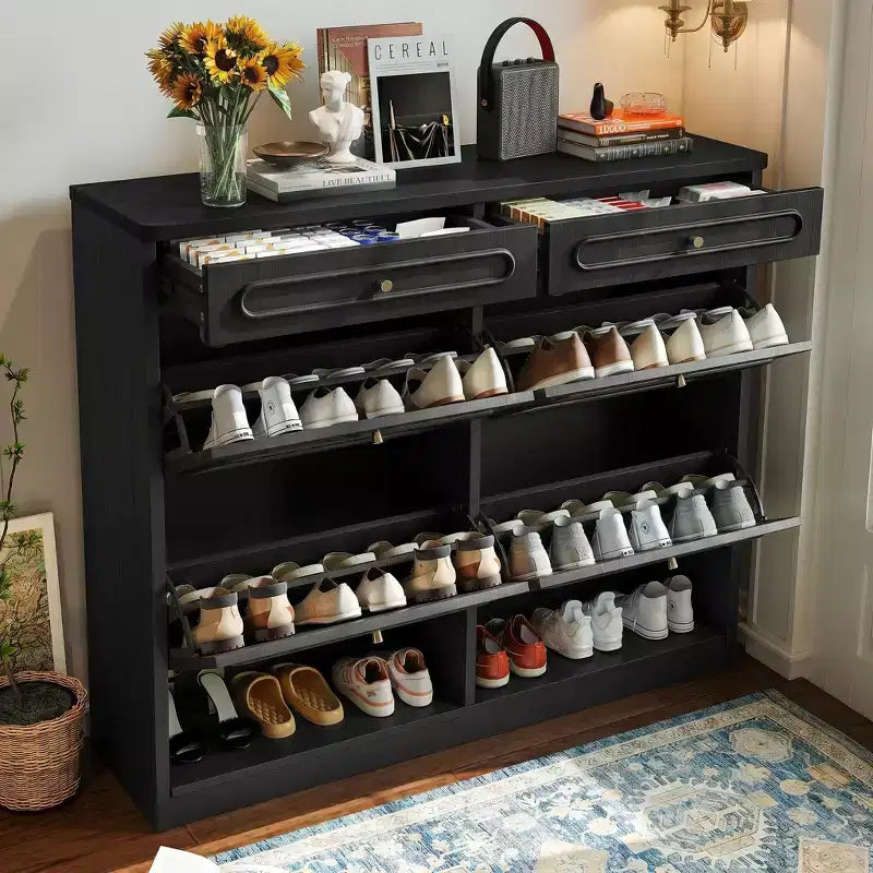 Laukingdom 47 Wooden Shoe Cabinet with 4 Flip Drawers & 2 Storage Drawers, Farmhouse Style, 1pc