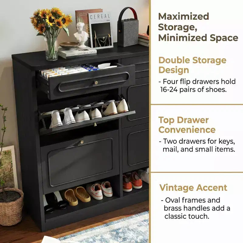 Laukingdom 47 Wooden Shoe Cabinet with 4 Flip Drawers & 2 Storage Drawers, Farmhouse Style, 1pc