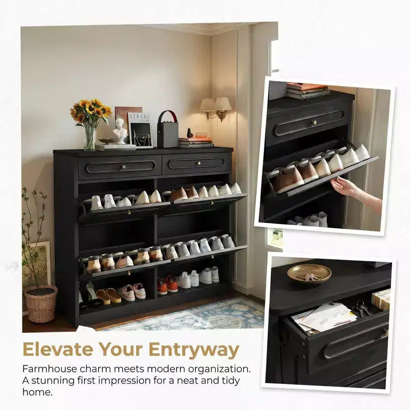 Laukingdom 47 Wooden Shoe Cabinet with 4 Flip Drawers & 2 Storage Drawers, Farmhouse Style, 1pc