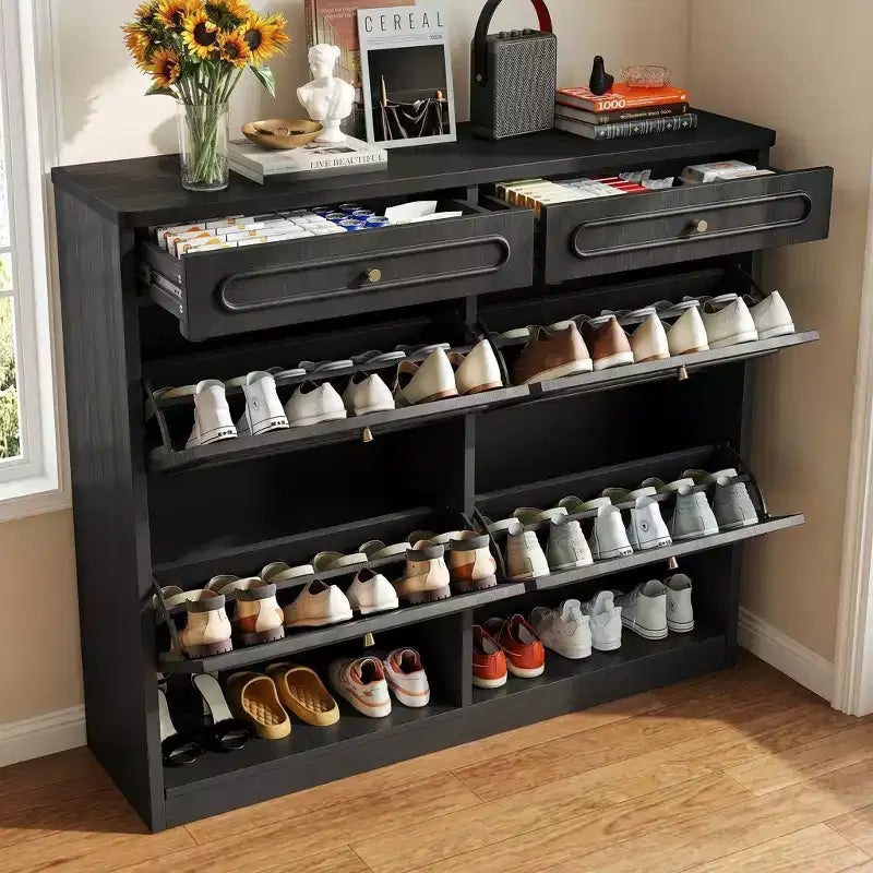 Laukingdom 47 Wooden Shoe Cabinet with 4 Flip Drawers & 2 Storage Drawers, Farmhouse Style, 1pc
