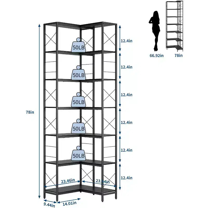 7 Tier Corner Bookshelf, 78H L-Shaped Open Bookcase with Metal Frame, Freestanding Open Storage Rack for Bedroom Living Room Office