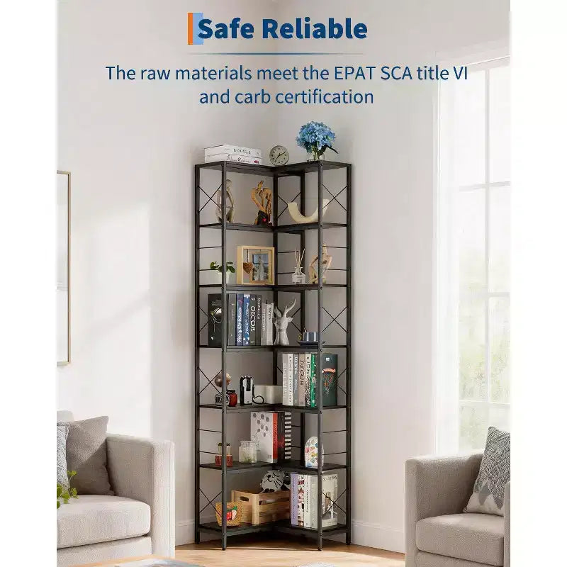 7 Tier Corner Bookshelf, 78H L-Shaped Open Bookcase with Metal Frame, Freestanding Open Storage Rack for Bedroom Living Room Office