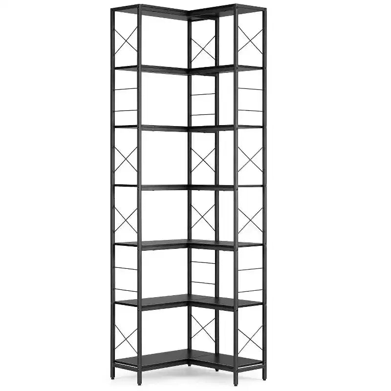 7 Tier Corner Bookshelf, 78H L-Shaped Open Bookcase with Metal Frame, Freestanding Open Storage Rack for Bedroom Living Room Office