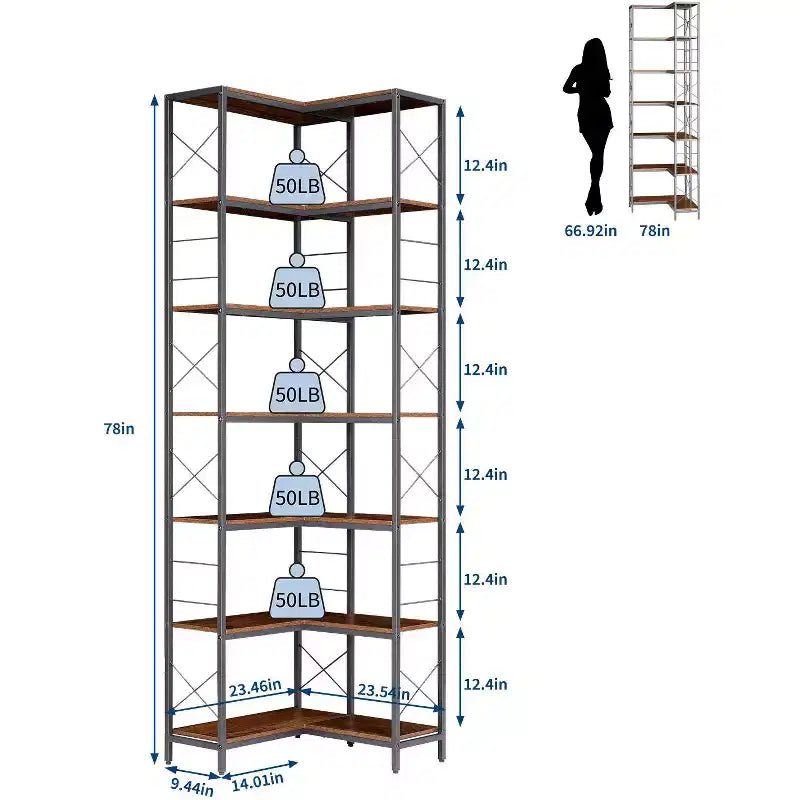 7 Tier Corner Bookshelf, 78H L-Shaped Open Bookcase with Metal Frame, Freestanding Open Storage Rack for Bedroom Living Room Office