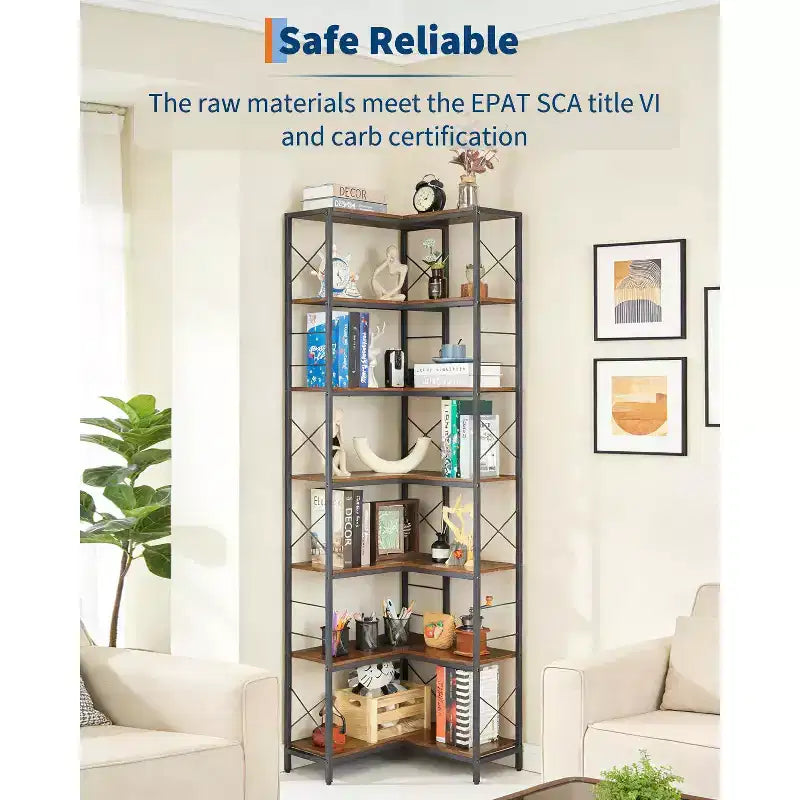 7 Tier Corner Bookshelf, 78H L-Shaped Open Bookcase with Metal Frame, Freestanding Open Storage Rack for Bedroom Living Room Office