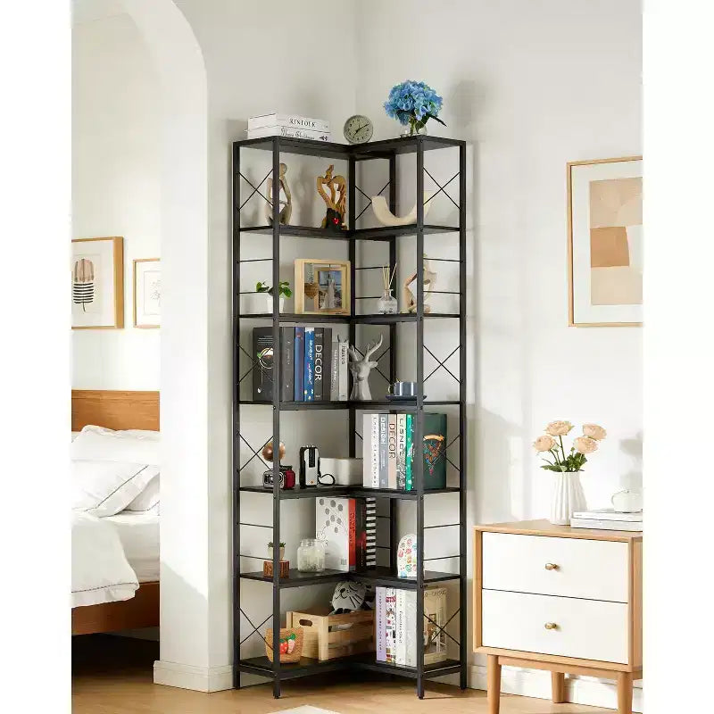 7 Tier Corner Bookshelf, 78H L-Shaped Open Bookcase with Metal Frame, Freestanding Open Storage Rack for Bedroom Living Room Office